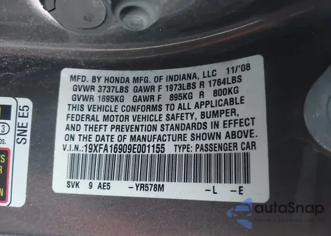 2009 Honda Civic Ex-L z USA, uszkodzony, nr VIN 19XFA16909E001155